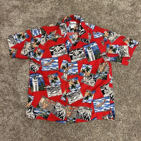 Howie Hawaiian Button Up Down Shirt Mens L 100% Cotton Surf Boards Red Postcard - Picture 1 of 5